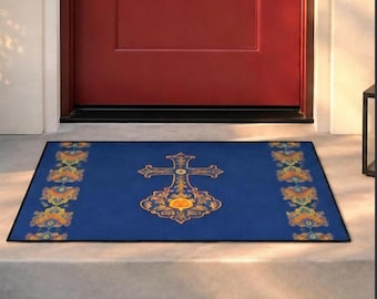 Armenian Cross Floor Mat | Blue Decorative Entry Rug