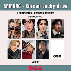 Puede incluir: Imagen promocional de un "ARIRANG - Korean Lucky draw" con siete fototarjetas. Las tarjetas muestran imágenes de varias personas. También se incluye el texto "7 photocards + acabado brillante".