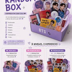 May include: A purple cardboard box filled with BTS merchandise including various photo cards featuring members of the group, a round mirror, a keychain, stickers, and small packaged items. The box is labelled with the text BTS on the front side.