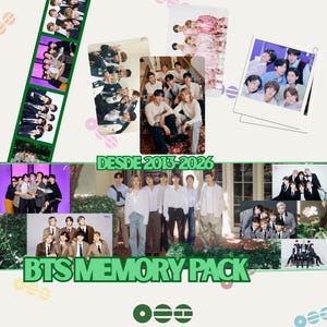 Puede incluir: Una colección de fotografías del grupo musical BTS, dispuestas en formato de collage con el texto verde "DESDE 2013-2026" y "BTS MEMORY PACK" mostrado de forma destacada. Las imágenes muestran varios retratos grupales y momentos.