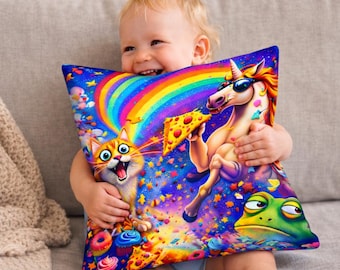 Fronha de Almofada Unicórnio Pizza Arco-Íris | Desenho Animado Colorido de Gato Sapo Fantasia