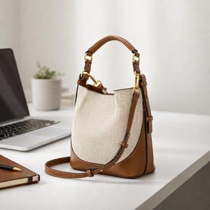 May include: A tan and brown handbag with a shoulder strap and a top handle. The bag has a light tan canvas body with brown leather accents and gold-colored hardware. The bag is sitting on a white surface.