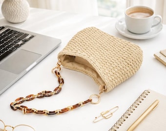 Retro Straw Woven Bag Small Summer Beach Purse Chain Shoulder Handbag