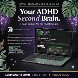 Notion Template ADHD life planner, 23 section planner dashboard, adhd friendly notion second brain, adhd student planner hub