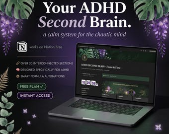Notion Template ADHD life planner, 23 section planner dashboard, adhd friendly notion second brain, adhd student planner hub