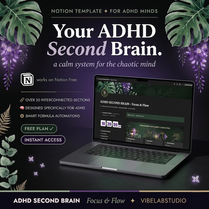 Notion Template ADHD life planner, 23 section planner dashboard, adhd friendly notion second brain, adhd student planner hub