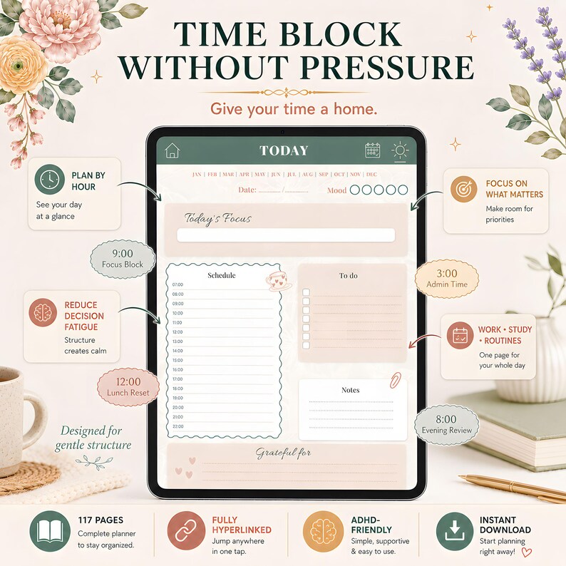 ADHD Digital Planner 2026 GoodNotes Planner | Time Blocking ADHD Schedule | Brain Dump, ADHD Habit Tracker, Self Care, iPad Weekly Planner