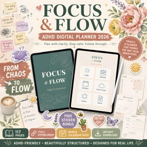 ADHD Digital Planner | Hyperlänkad iPad Planner 2026 GoodNotes | ADHD Brain Dump Schema Vanespårare | 128 Botaniska Klistermärken