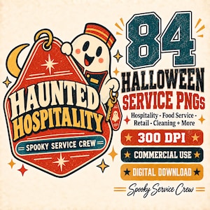 May include: A digital graphic featuring a cartoon ghost bellhop holding a key, with the text Haunted Hospitality, Spooky Service Crew, 84 Halloween Service PNGs, Hospitality, Food Service, Retail, Cleaning + More, 300 DPI, Commercial Use, Digital Download.