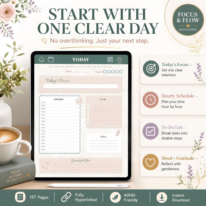 ADHD Digital Planner 2026 GoodNotes Planner | Time Blocking ADHD Schedule | Brain Dump, ADHD Habit Tracker, Self Care, iPad Weekly Planner
