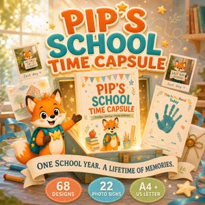 May include: A Pip's School Time Capsule kit featuring a central book, a cartoon fox character, and various memory cards. The text reads Pip's School Time Capsule, One School Year. A Lifetime of Memories, 68 Designs, 22 Photo Signs, and A4 + US Letter.