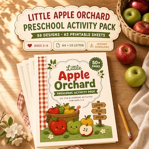 Op de afbeelding: Een Little Apple Orchard voorschools activiteitenpakket met 56 ontwerpen en 63 printbare vellen. De omslag toont een mand met geïllustreerde appels, een houten bord met de tekst Learn, Play, Grow en de titel Little Apple Orchard voor 3-6 jaar.