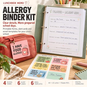 Kit de classeur sur les allergies, formulaires et cartes PDF imprimables pour les enseignants et les infirmières