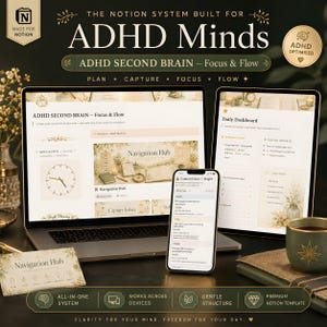 May include: A laptop, tablet, and smartphone display a digital planner interface with the text "ADHD Minds." The screens show a "Navigation Hub" and "Daily Dashboard" layout. The image includes a business card and a coffee cup, all on a dark surface.