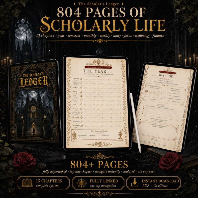 Academic Planner kit | Dark Academia Student Bundle 804 Pages + 636 Stickers | GoodNotes iPad Study Kit | Reading Log Scholarship Tracker