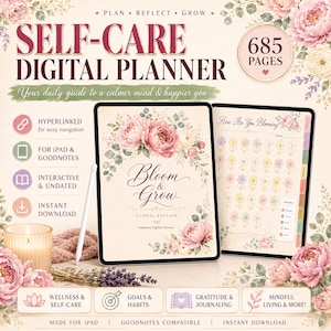 Agenda tutto in uno / Agenda per la cura di sé e il benessere per iPad / Agenda digitale GoodNotes senza date / Agenda giornaliera con collegamenti ipertestuali e tracker dell'umore