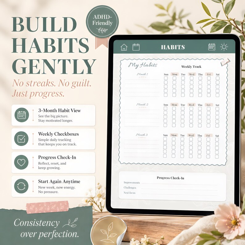 ADHD Digital Planner 2026 GoodNotes Planner | Time Blocking ADHD Schedule | Brain Dump, ADHD Habit Tracker, Self Care, iPad Weekly Planner