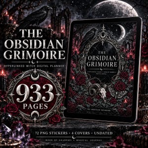 Könnte beinhalten: Ein digitales Tablet mit The Obsidian Grimoire, einem verlinkten digitalen Hexenplaner mit 933 Seiten. Das Cover zeigt einen schwarzen Raben, einen Schädel, rote Rosen und einen Halbmond. Enthält 72 PNG-Sticker und 4 Cover, undatiert.