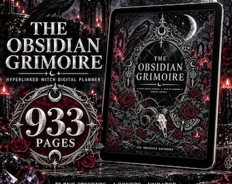 May include: A digital tablet displaying The Obsidian Grimoire, a hyperlinked witch digital planner with 933 pages. The cover features a black raven, a skull, red roses, and a crescent moon. Includes 72 PNG stickers and 4 covers, undated.