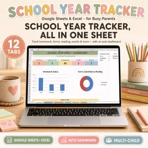May include: A laptop displaying a School Year Tracker dashboard for Google Sheets and Excel. The screen shows charts for homework status and forms. The text reads School Year Tracker, Google Sheets & Excel for Busy Parents, 12 Tabs.