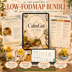 Peut inclure: Un ensemble numérique low-FODMAP comprenant un planificateur de repas, un suivi des symptômes, des recettes et des autocollants. L'écran affiche un planificateur CalmGut, une recette de pancakes aux myrtilles et un guide de référence FODMAP.