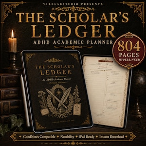 Puede incluir: Un planificador académico para TDAH, "The Scholar's Ledger", con un diseño vintage. La portada presenta letras e ilustraciones doradas. El planificador incluye 804 páginas con hipervínculos. Compatible con GoodNotes y Notability.