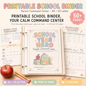 Puede incluir: Un sistema de carpeta escolar imprimible titulado School Year Hero Parent Command Center. El conjunto incluye un panel, un rastreador de tareas y páginas de calendario mensual en tamaños A4 y US Letter, con textos y gráficos en tonos pastel.