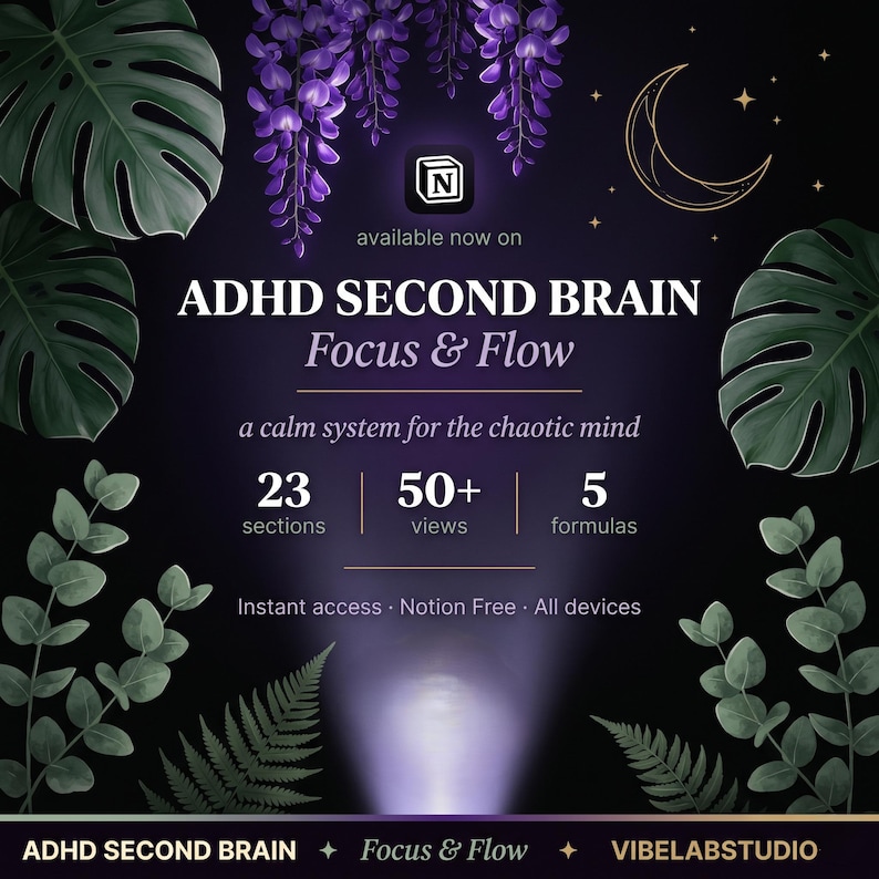 Notion Template ADHD life planner, 23 section planner dashboard, adhd friendly notion second brain, adhd student planner hub
