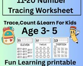 Number Tracing Worksheets 11-20 | Printable Kids Learning |  Math Activity |Practice | Homeschool PDF | Instant Download