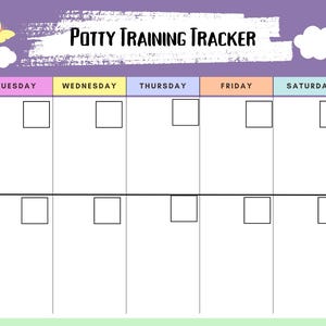 May include: A colorful potty training tracker with a purple background. The tracker features a weekly layout with boxes for each day, labeled Monday through Sunday. Decorative elements include a smiling sun, clouds, a butterfly, a star, and a rainbow.