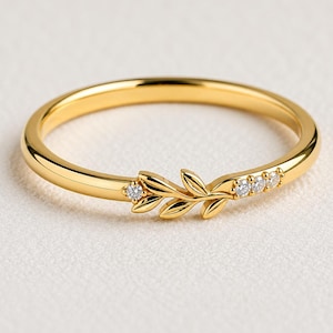 Diamond Leaf Ring, 14K Gold Nature Inspired Ring, Dainty Vine Ring, Bridal Stackable Ring, Delicate Promise Jewelry, Christmas Gifts for Her