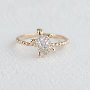 14K guld diamantring med sköldpadda, enkel ring, nätt djurring, smycken i vintagestil, present till strandälskare, söt sköldpaddaring, presenter till kvinnor
