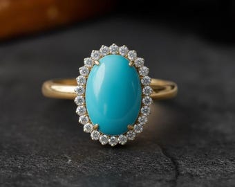 Anel Bela Adormecida com Turquesa, Anel de Ouro 14k com Diamante, Anel Oval Delicado, Anel em Estilo Vintage, Anel de Pedra Natal para Noiva, Presente de Natal para Ela