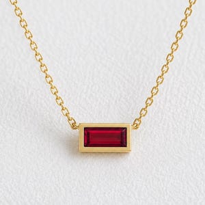 Baguette Cut Ruby Bezel Pendant, 14K Gold Solitaire Pendant, July Birthstone Bridal Pendant, Red Gemstone Layering Pendant, Dainty Gifts Her