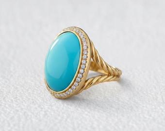 Anel oval turquesa da Bela Adormecida, anel vintage dourado com diamante, anel de noivado com pedra preciosa, joia artesanal, anel de pedra natal, presentes de Natal