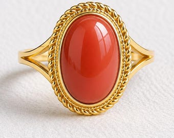 Anel oval de coral natural, anel de estilo vintage em ouro 14K, joia delicada feita à mão, anel de inspiração antiga, anel de compromisso exclusivo, presente para ele.