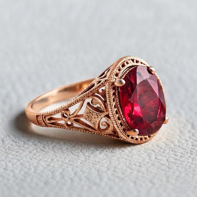 Pode incluir: Um anel de ouro rosa com uma grande pedra preciosa vermelho-escura de corte oval numa crava&ccedil;&atilde;o de garras. O aro e a galeria que rodeia a pedra apresentam detalhes intrincados de filigrana de metal com acabamento de bordas perladas.