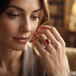 Pode incluir: Um anel de ouro com uma grande pedra preciosa de corte oval e cor vermelho-profundo, engastada numa banda decorativa de estilo filigrana. O anel &eacute; usado num dedo, exibindo o trabalho met&aacute;lico intrincado em torno da pedra central polida.