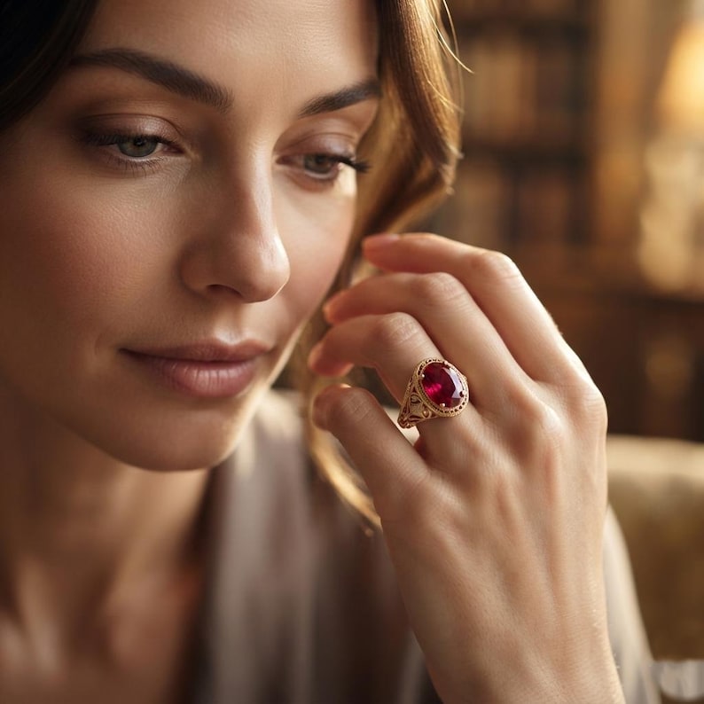 Pode incluir: Um anel de ouro com uma grande pedra preciosa de corte oval e cor vermelho-profundo, engastada numa banda decorativa de estilo filigrana. O anel &eacute; usado num dedo, exibindo o trabalho met&aacute;lico intrincado em torno da pedra central polida.