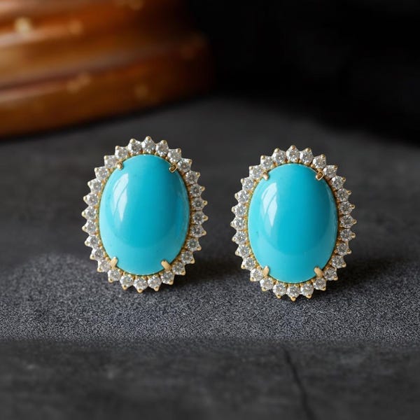 Natural Turquoise Diamond Stud Earrings, 14K Gold Oval Earrings, Wedding Jewellery, Dainty December Birthstone, Christmas Gifts for Women
