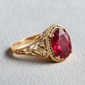 Pode incluir: Um anel de ouro com uma grande pedra preciosa de cor vermelho-profundo e corte oval, engastada numa banda decorativa de estilo filigrana. O metal que rodeia a pedra central apresenta padrões intrincados e abertos com uma borda texturizada.