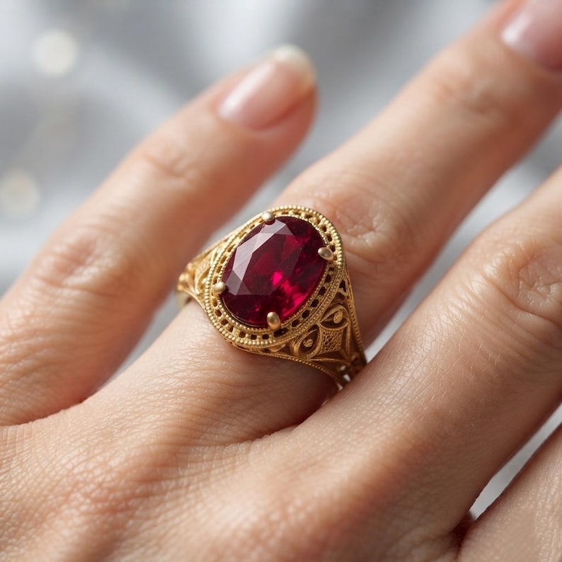 Pode incluir: Um anel de ouro com uma pedra preciosa vermelho-escura de corte oval, montado numa banda de filigrana decorativa. O engaste inclui um trabalho met&aacute;lico intrincado com uma borda de contas que rodeia a pedra central.