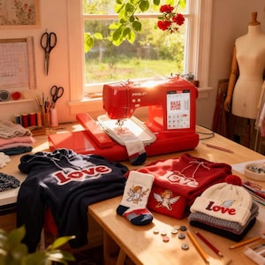 May include: A red sewing machine with the text "Best Mom Ever" on the screen is on a wooden table. A navy blue hoodie with the word "Love", a red hoodie with "Love", socks with an angel, and a beanie with "Love" are also on the table.