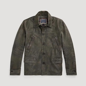 Jaqueta masculina dupla RL Ralph Lauren couro bovino índigo casaco de carro P nova com etiquetas