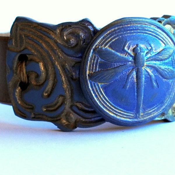 Blue Dragonfly, denim blue, polymer clay, bronze, leather bracelet,
