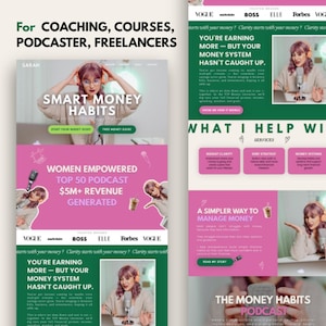 May include: A promotional graphic for a podcast and coaching services. The design features a woman with headphones, text that reads "Smart Money Habits," and the phrase "Women Empowered Top 50 Podcast." The color scheme includes pink, green, and white.