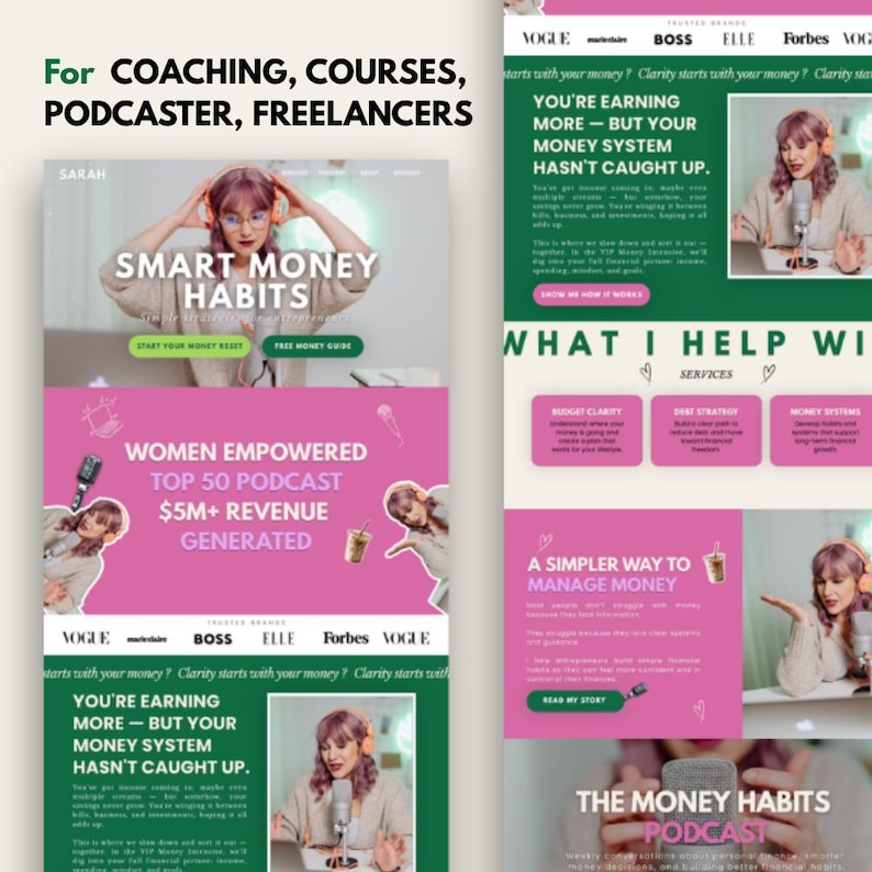 May include: A promotional graphic for a podcast and coaching services. The design features a woman with headphones, text that reads "Smart Money Habits," and the phrase "Women Empowered Top 50 Podcast." The color scheme includes pink, green, and white.