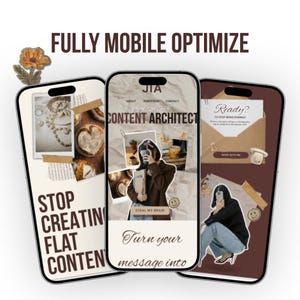 May include: Three smartphones displaying website designs. The screens feature text that reads "CONTENT ARCHITECT", "STOP CREATING FLAT CONTENT", and "Ready? TO STOP BEING BORING". The image includes a floral embellishment and the phrase "FULLY MOBILE OPTIMIZE".