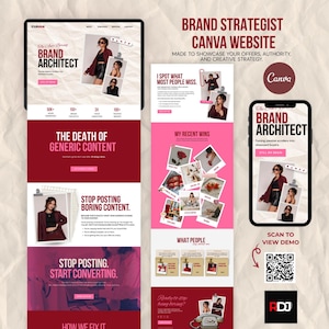 May include: A digital template for a Brand Strategist Canva website featuring a desktop layout, a mobile view, and a QR code. The design uses a color palette of deep red, pink, and white, incorporating text, photography, and graphic elements.