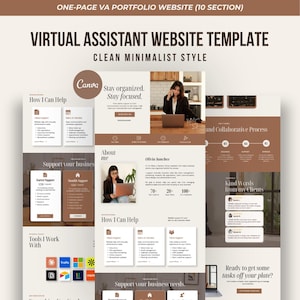 Peut inclure: Un modèle de site web numérique pour un portfolio d'assistant virtuel comprenant dix sections. La mise en page inclut des en-têtes de texte tels que Virtual Assistant Website Template, How I Can Help, About Me et Kind Words from my Clients, avec un thème de couleur marron et crème.